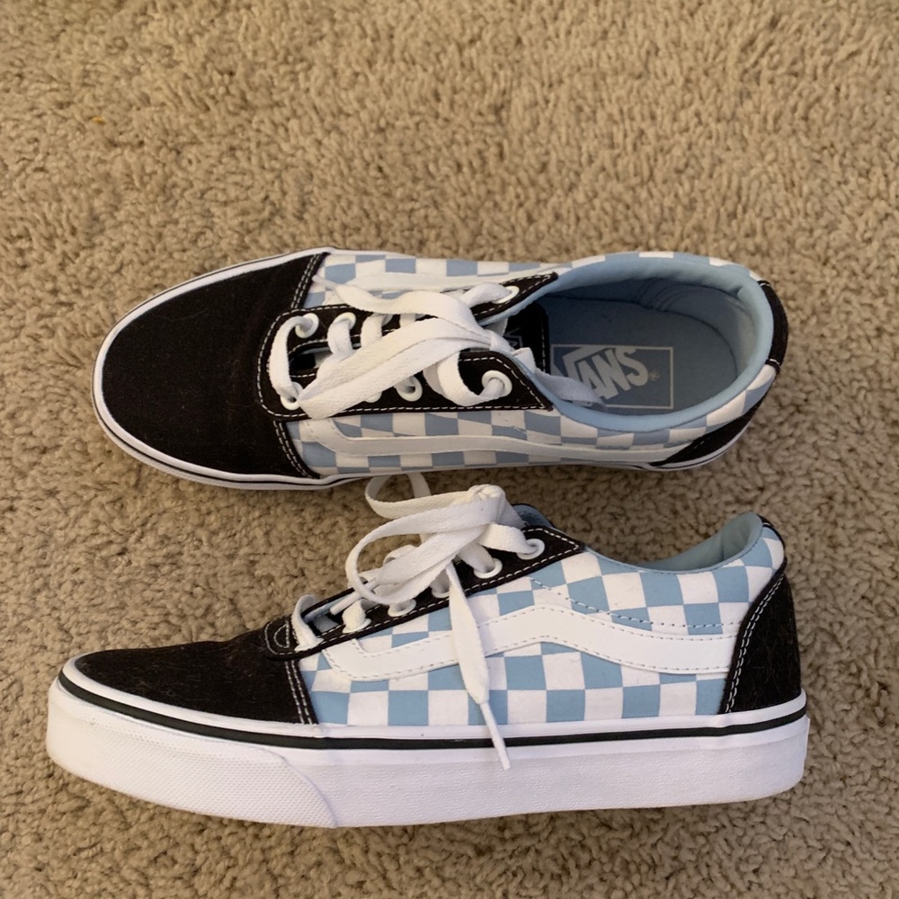 Baby blue and white checkered low top classic vans